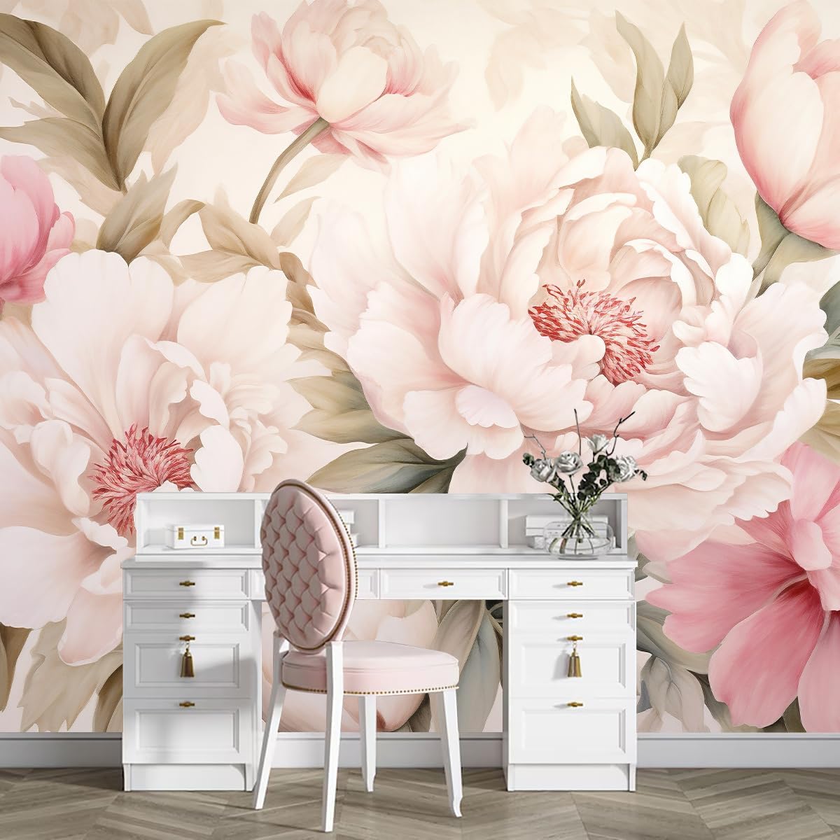 Desk Setup Modern - Elegante Pfingstrosen-Blumen-Wandtapete Schminktisch-Set für Romantische Schlafzimmer-