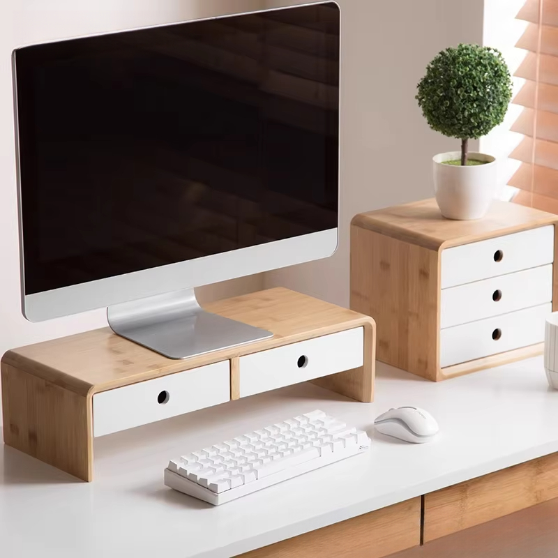 Setup Desk Monitor - Bambus-Laptop-Monitor-Riser, umweltfreundlicher Desktop-Organizer mit Schublade für